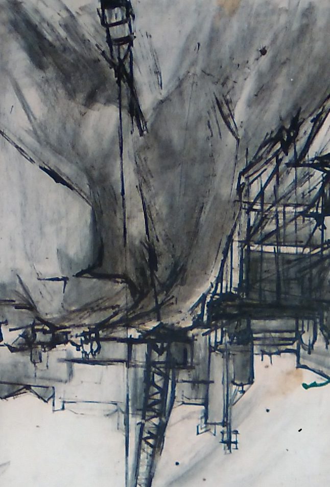 1958 Shell building site excavation. Charcoal,ink 56x38cm atkins